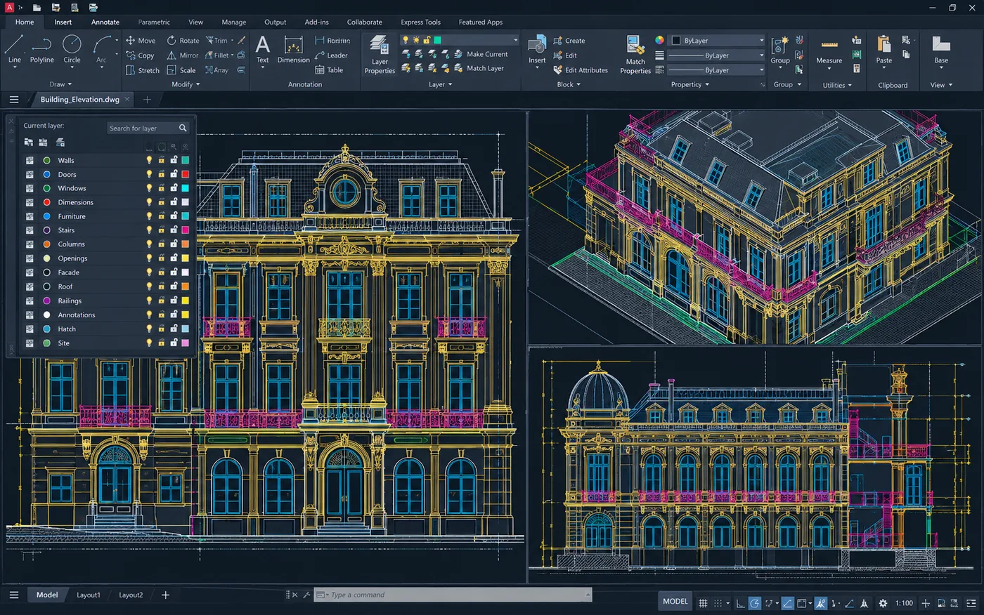 CAD-Software mit Gebäudefassade und Modell in einer einheitlichen Layerstruktur
