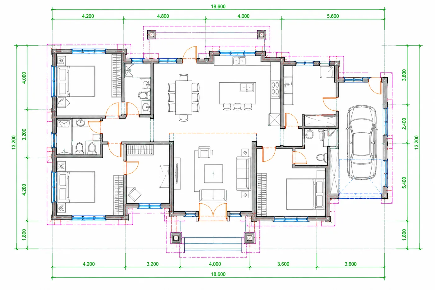 Bemaßter 2D-CAD-Grundriss mit Möblierung, Türen und Fenstern