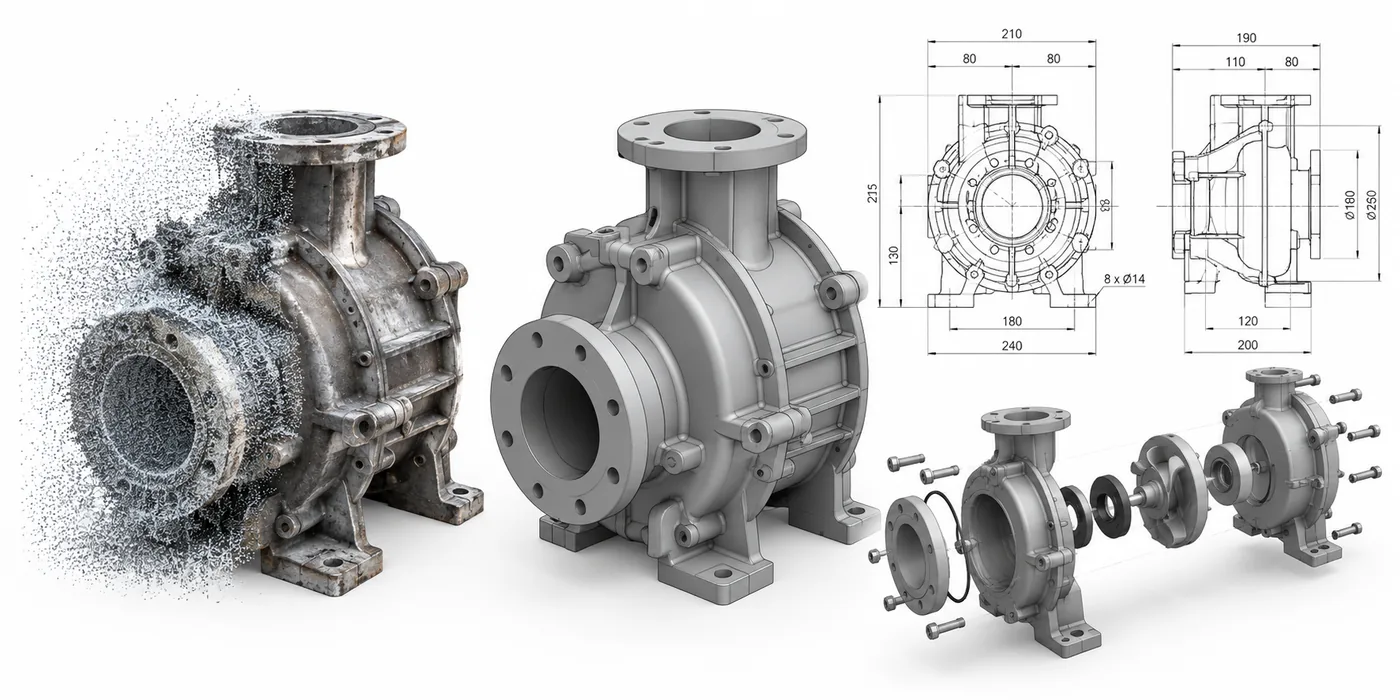 Gescanntes Pumpengehäuse neben seinem 3D-CAD-Modell, Explosionsdarstellung und Konstruktionszeichnungen