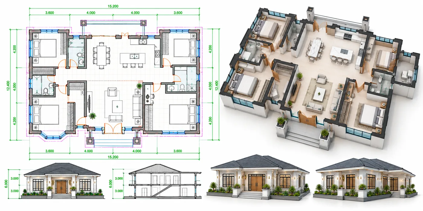 2D-Grundriss und Ansichten neben dem daraus erstellten 3D-BIM-Modell