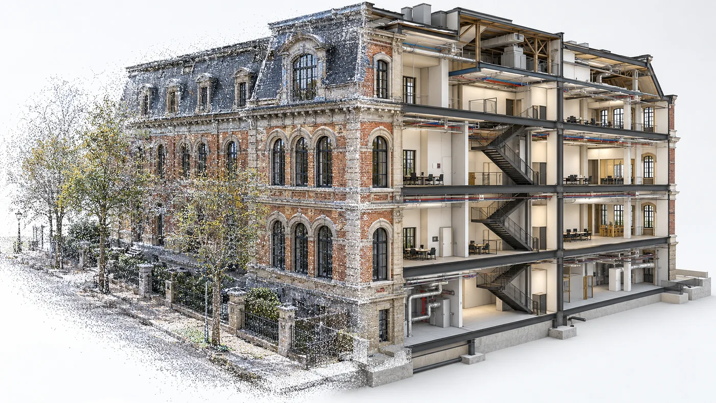 Punktwolke eines historischen Gebäudes, die in ein aufgeschnittenes 3D-BIM-Modell übergeht