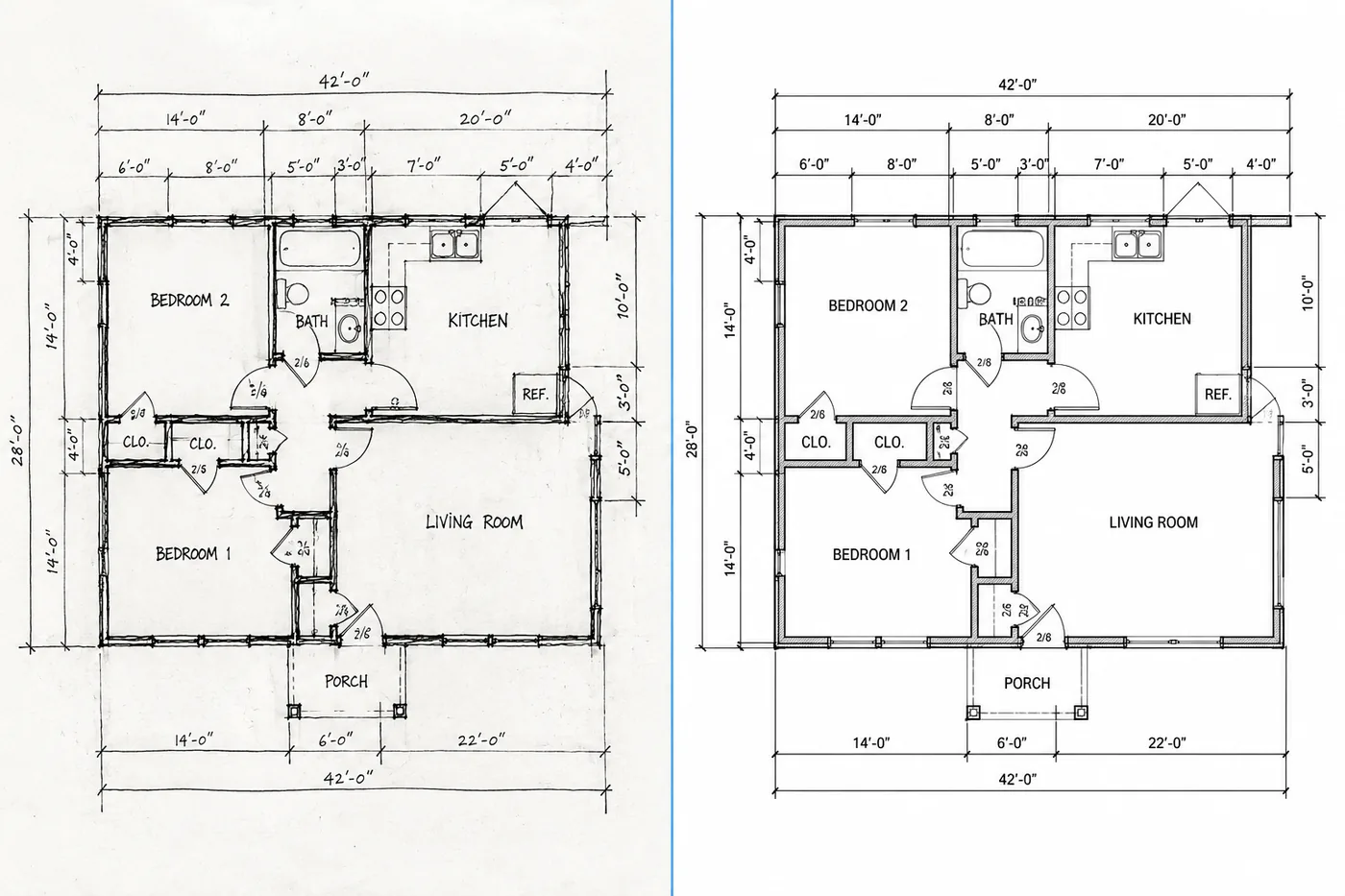 Handgezeichneter Grundriss neben demselben Plan als saubere 2D-CAD-Zeichnung