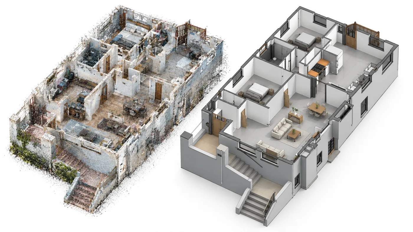Punktwolke eines Hauses neben dem daraus erstellten 3D-Modell