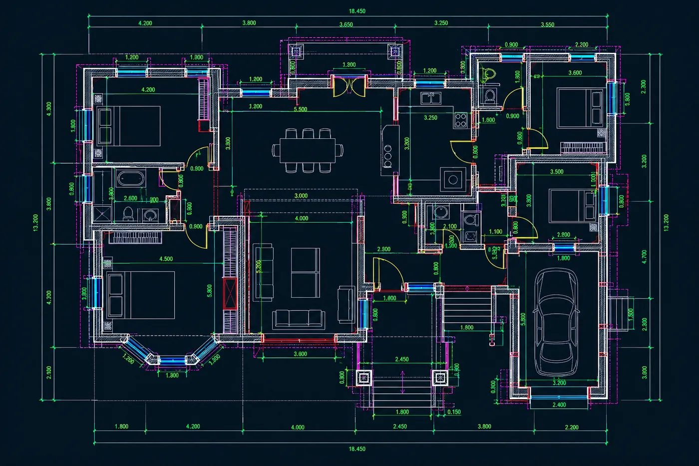 Aus Laserscan-Daten gezeichneter 2D-CAD-Grundriss eines Hauses auf dunklem Hintergrund