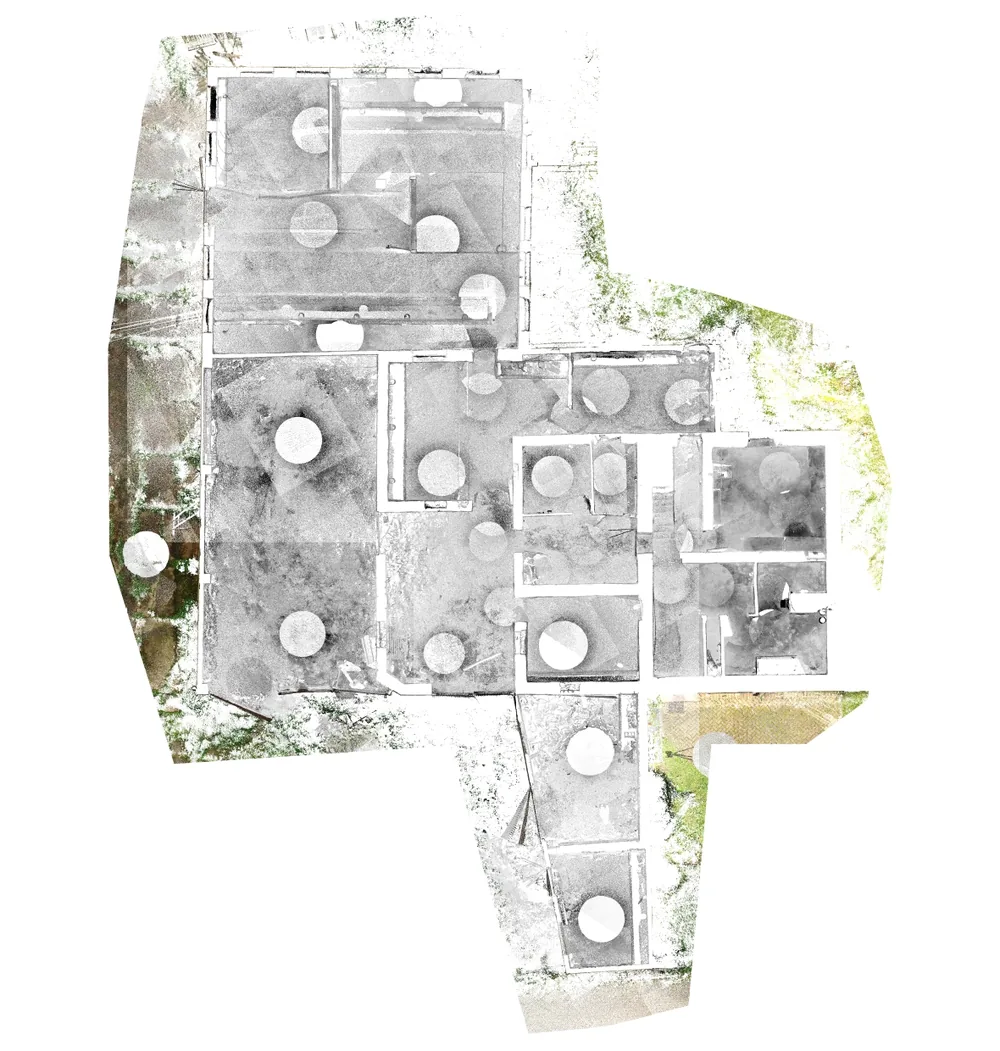 Laserscan-Punktwolke eines Gebäudegeschosses, von oben gesehen