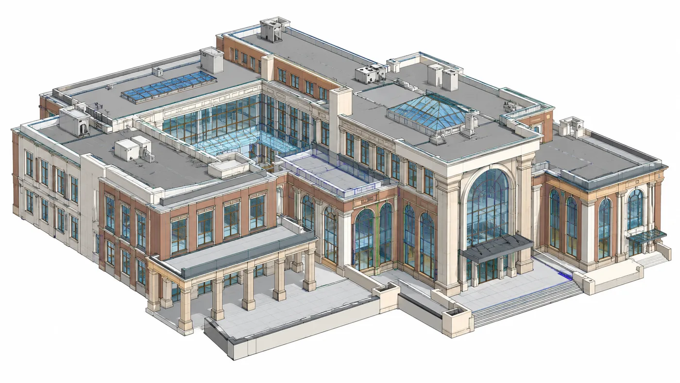 3D-BIM-Modell eines großen mehrgeschossigen Gebäudes mit Glasdächern, Säulen und Terrassen