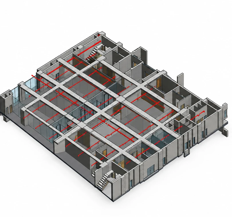 Dasselbe Geschoss als 3D-BIM-Modell mit Räumen, Wänden und roten Leitungsführungen der Gebäudetechnik